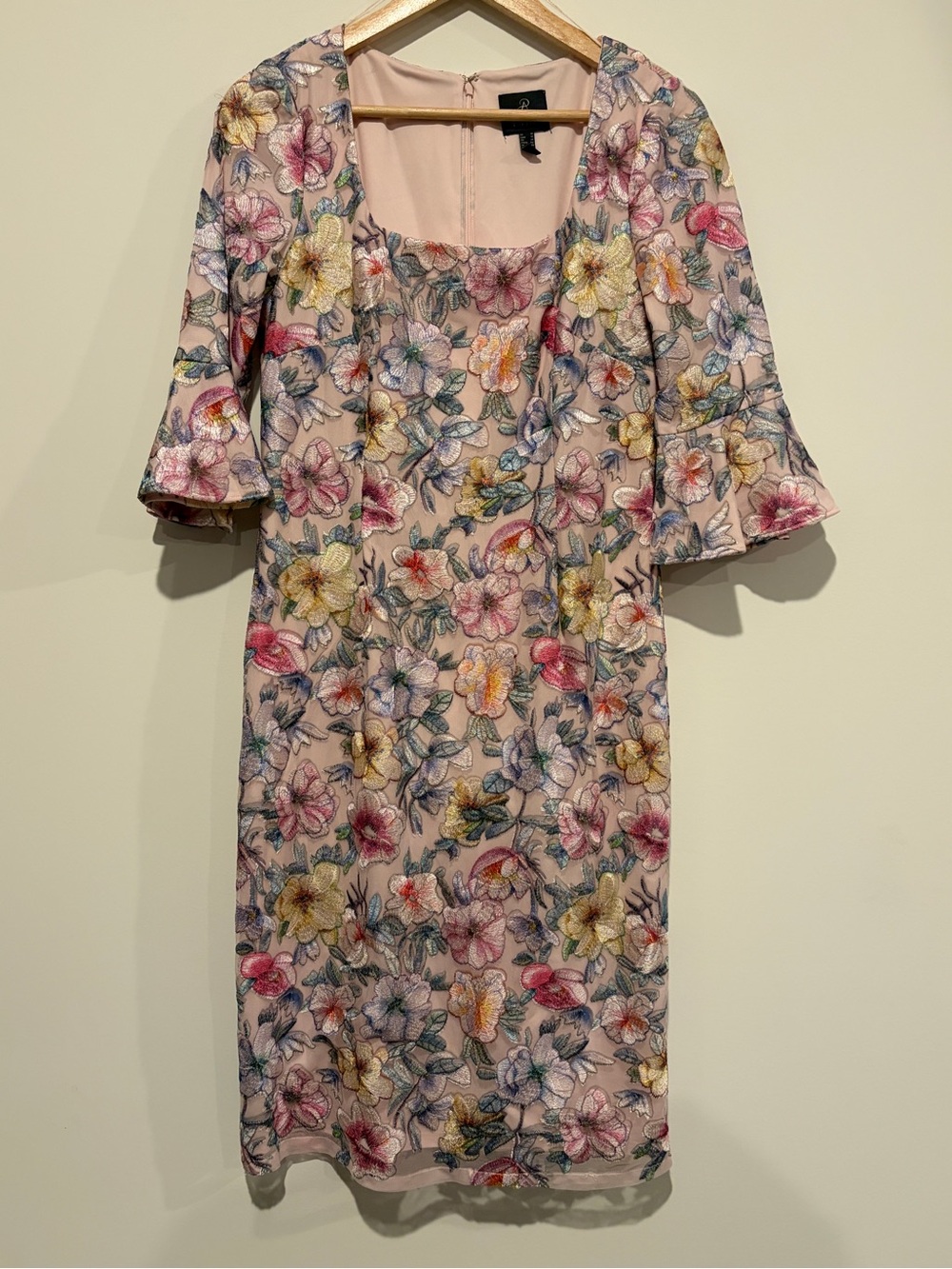 Adrianna Papell Size 14 Pink Floral Embroidered Mesh Bell Sleeve Dress